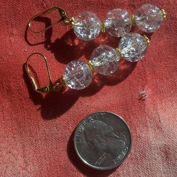 Handmade Iceflake Quartz Earrings On Gold Plated Brass Lever Hooks NWT - Picture 10 of 16